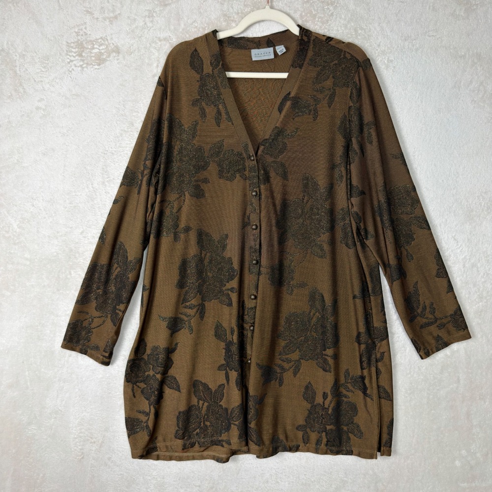 Susan Graver Bronze Black Floral Jacquard Longline Cardigan Tunic XL Womens